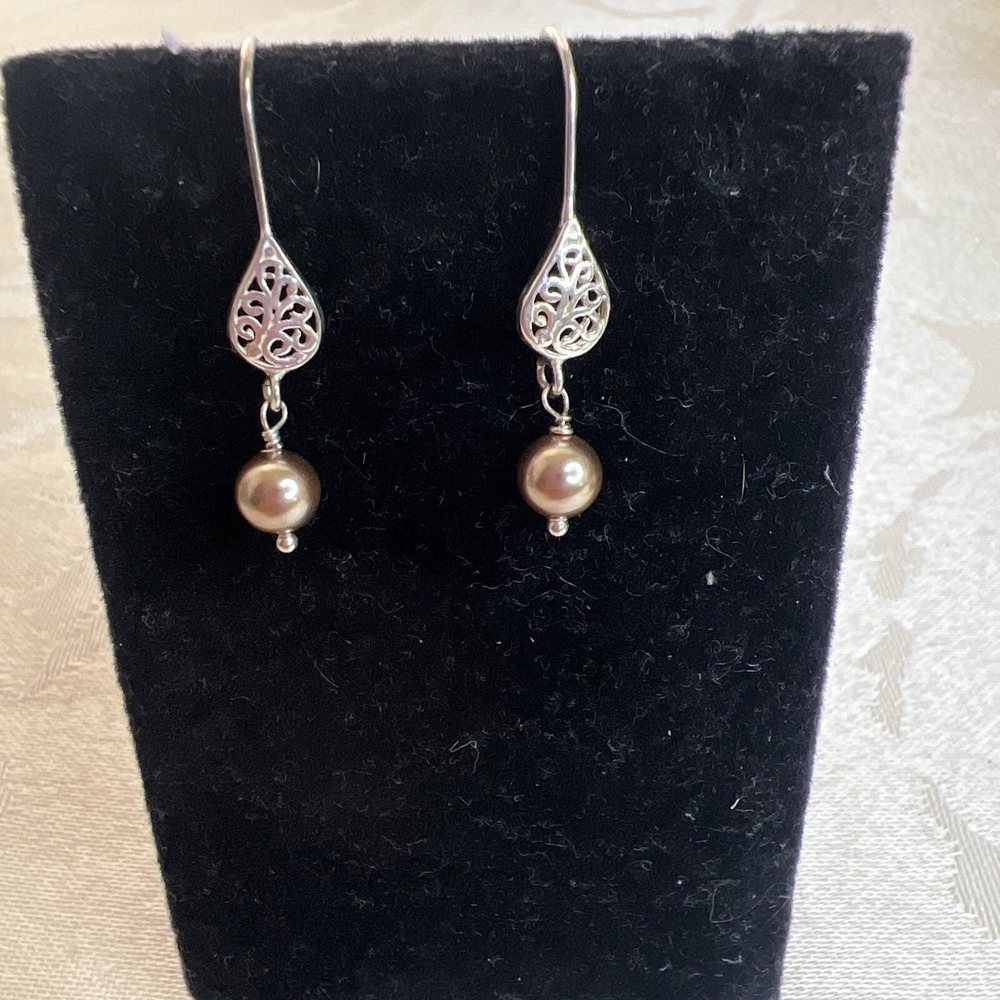 Genuine Bronze Pearl 925  Sterling Silver Minimal Drop Dangle Teardrop Earrings